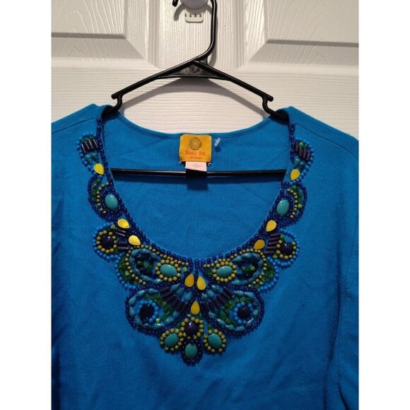 Ruby Rd Top Women 2X Petite Blue‎ Embellished Beaded Sweater Bohemian Stretch - Picture 4 of 10